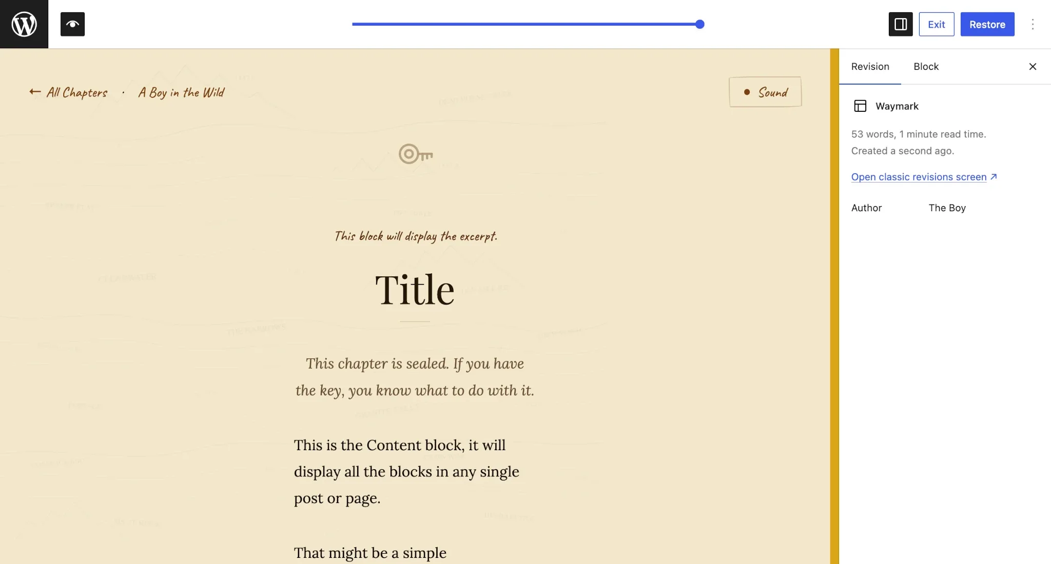 WordPress site editor displaying a Revisions tab for a specific template.