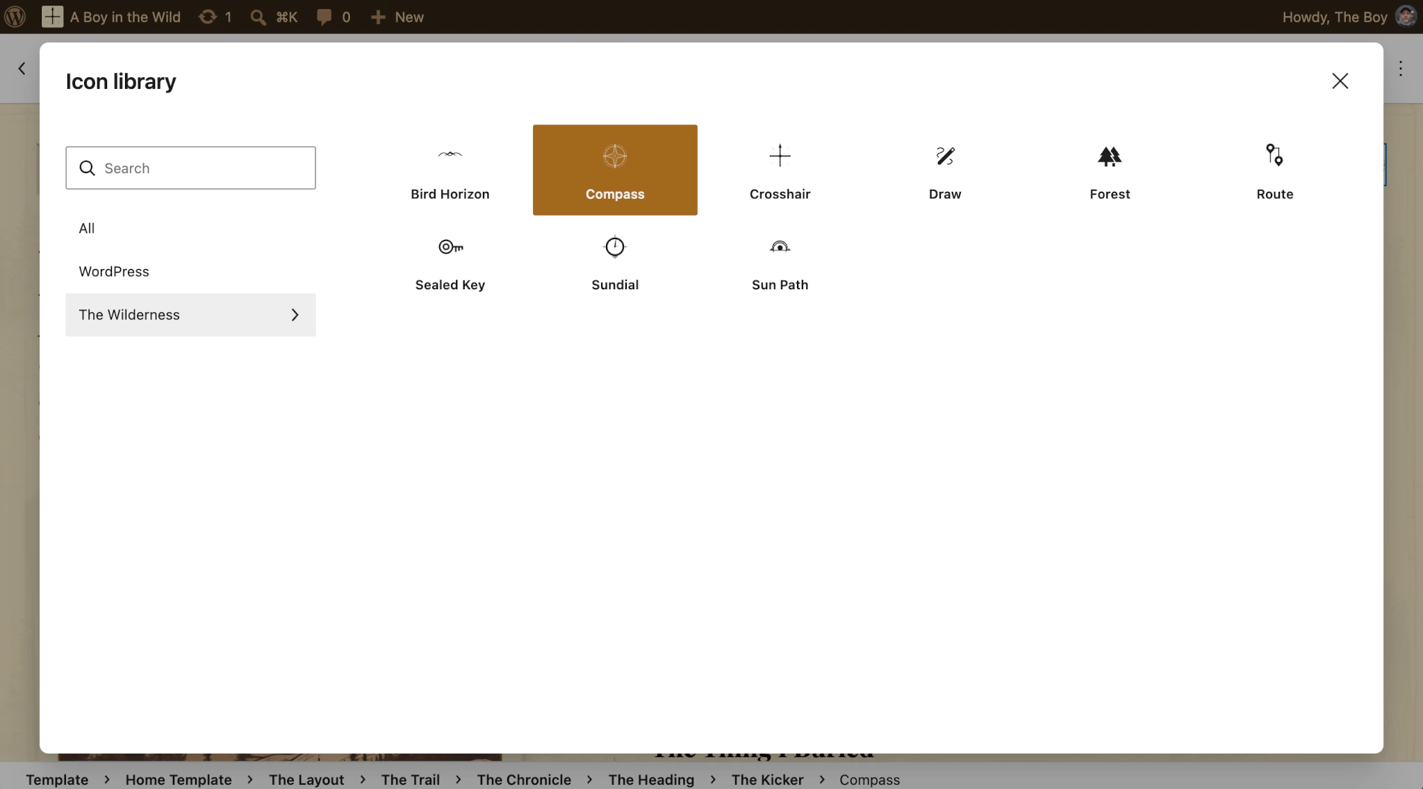 Modal popup in the WordPress post editor that displays the Icon Library. A custom collection is selected showing various custom SVG icons.