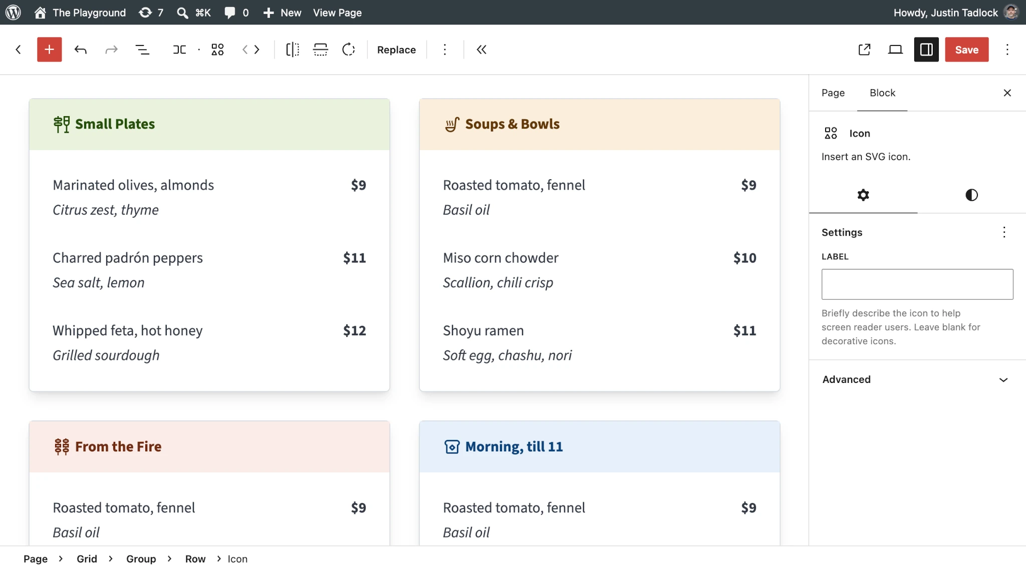WordPress post editor showing a restaurant menu in four groups of serving types. The Icon block is selected and its settings appear in the sidebar.