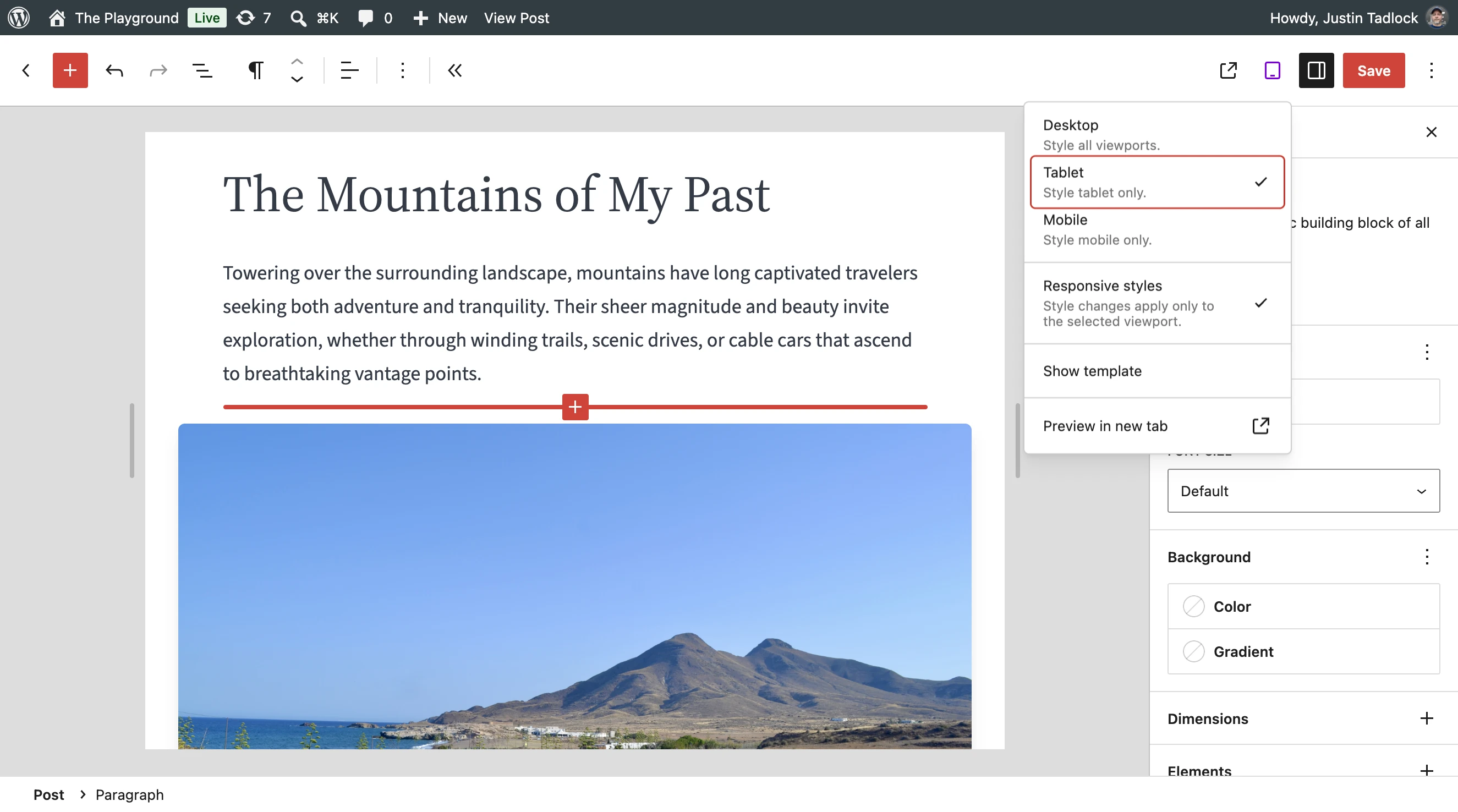 WordPress post editor with the "preview" dropdown selected. The Tablet view is selected and the Responsive Styles item is selected to edit styles in tablet mode.